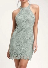 NWT Lulus Love Poem Sage Green Lace Halter Bodycon Minidress (SMALL )