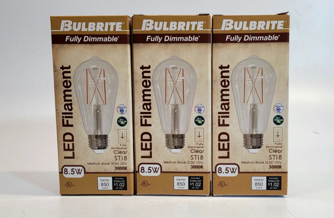 3 Pack Bulbrite 776769 LED Filament Clear Bulb 8.5W =60W Dim