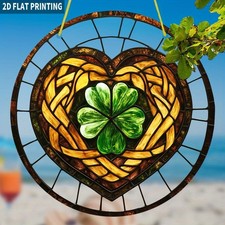 Lucky Four Leaf Clover Acrylic Suncatcher Braided Heart St Patricks Day Decor