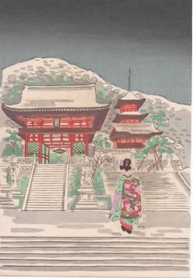 VINTAGE Ca 30's Japanese Woodblock Print VISITING KIYOMIZU-DERA, KYOTO