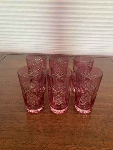 ATEMBERAUBENDES SET (6) Vintage Cranberry geschnitten auf klare Hobstar & Traube Tumbler Gläser 5,25" - Bild 2 von 18