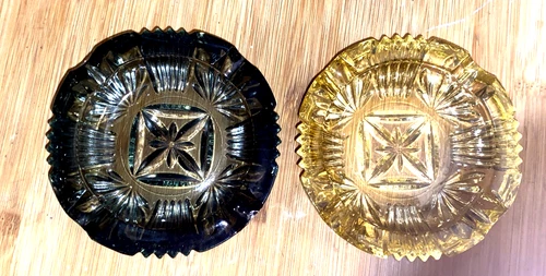 Vintage Federal Cut Glass Star Burst Art Deco Yellow & Black Ashtrays Lot of 2