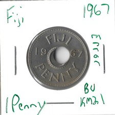 Coin Fiji 1 Penny 1967 KM21, major off center error