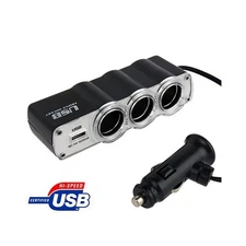 New AMZER 2V / 24V Triple Socket Universal USB Car Cigarette Charger - Black