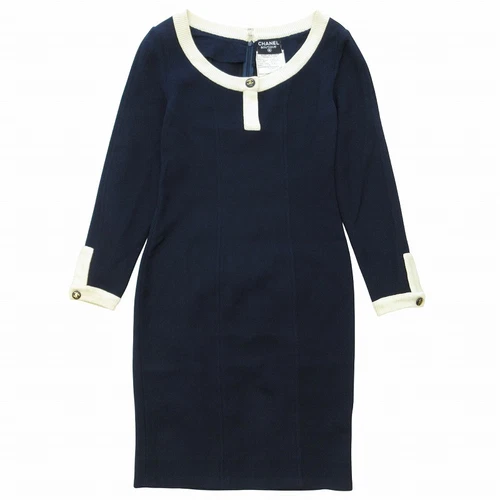 【Abiti】CHANEL ANNI 90 Coco Mark Bottone Abito Bicolore Materiale Cialda Vintage Navy