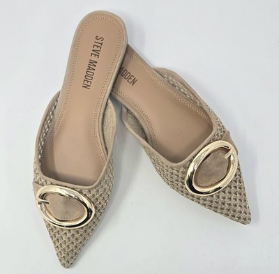 Steve Madden Ira Pointed Toe Mules Flats Raffia Polished Oversized Buckle Size 8