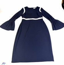 Calvin Klein Navy Blue/ White Long Sleeve Bell Sleeve Sheath Dress Women's 8