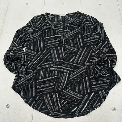 Lush Black White Printed Long Sleeve V Neck Lightweight Blouse Top Women Size XL