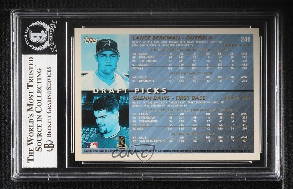 BAS 1998 Topps Draft Picks Lance Berkman Glenn Davis #246 BGS Authentic Auto - Image 2 of 2