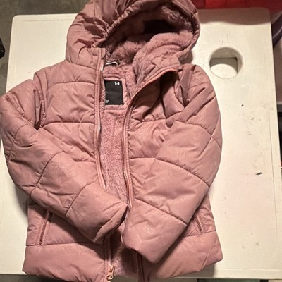 Under Armor Girls Pink Hooded Puffer Jacket Full Zip Faux Fur Lined Size 6X