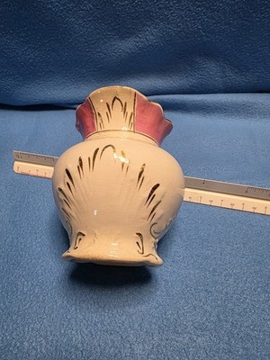 262   Antique Dresden Semi-Porcelain Vase Pink Ruffled Rim Gold Gilt Scroll 5''