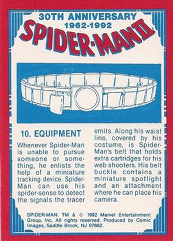 1992 SPIDER-MAN: EQUIPMENT, 30th Anniversary Marvel Comics NEAR MINT NM Card #10