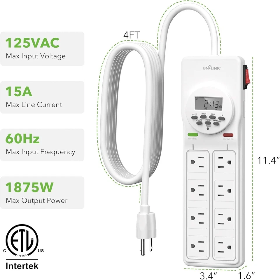 BN-LINK 8 Outlet Surge Protector with 7-Day Digital Timer Overload Protection - Image 2 of 4