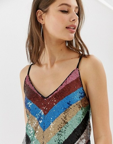 NEW WAREHOUSE RAINBOW SEQUIN STRAPPY CAMI DRESS PARTY PROM CLUB LOOK UK 12 - Picture 4 of 9
