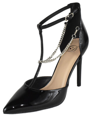 Delicious Women Stiletto Heels Anklet Silver Chain Strap Pointy Toe MESA Black