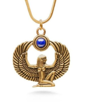Isis Egyptian Goddess Pendant Necklace Lapis, Antique Gold ~ Museum Collections