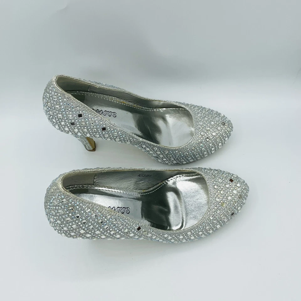 Zapatos de tacón de mascota para mujer talla 6 plateados Alicia gemas de estrás tacón de aguja brillante Foto 3 de 4