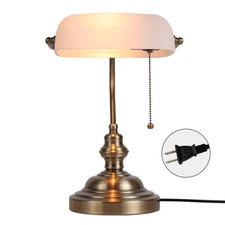 White Matted Glass Bankers Desk Lamp with Pull Chain Switch,Satin Brass Finish