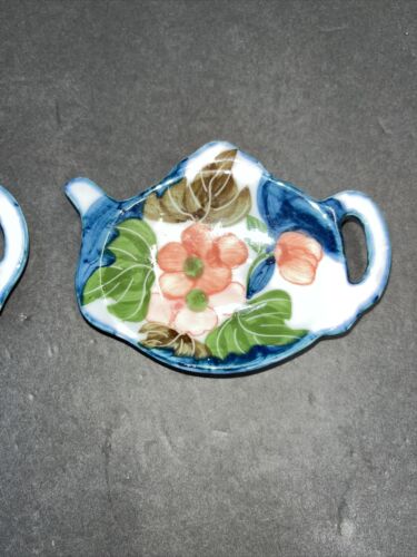 Set Of 2 Floral Print Teapot Porcelain Glazed Tea Bag Dishes - Picture 3 of 4