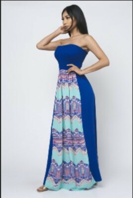 Royal Blue and Aqua Strapless Maxi Dress Size Large Summer Travel