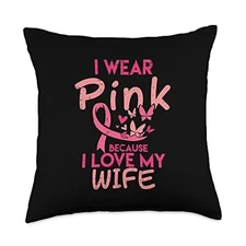Wear Pink I Love My Wife Husband Breast Cancer Awareness Men Throw Pillow 18x...