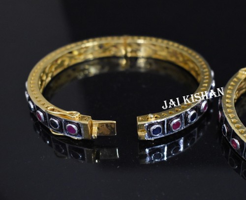 Real Ruby Blue Sapphire Gemstone 925 Sterling Silver Bangle 2 Pcs Women Jewelry - Picture 4 of 10