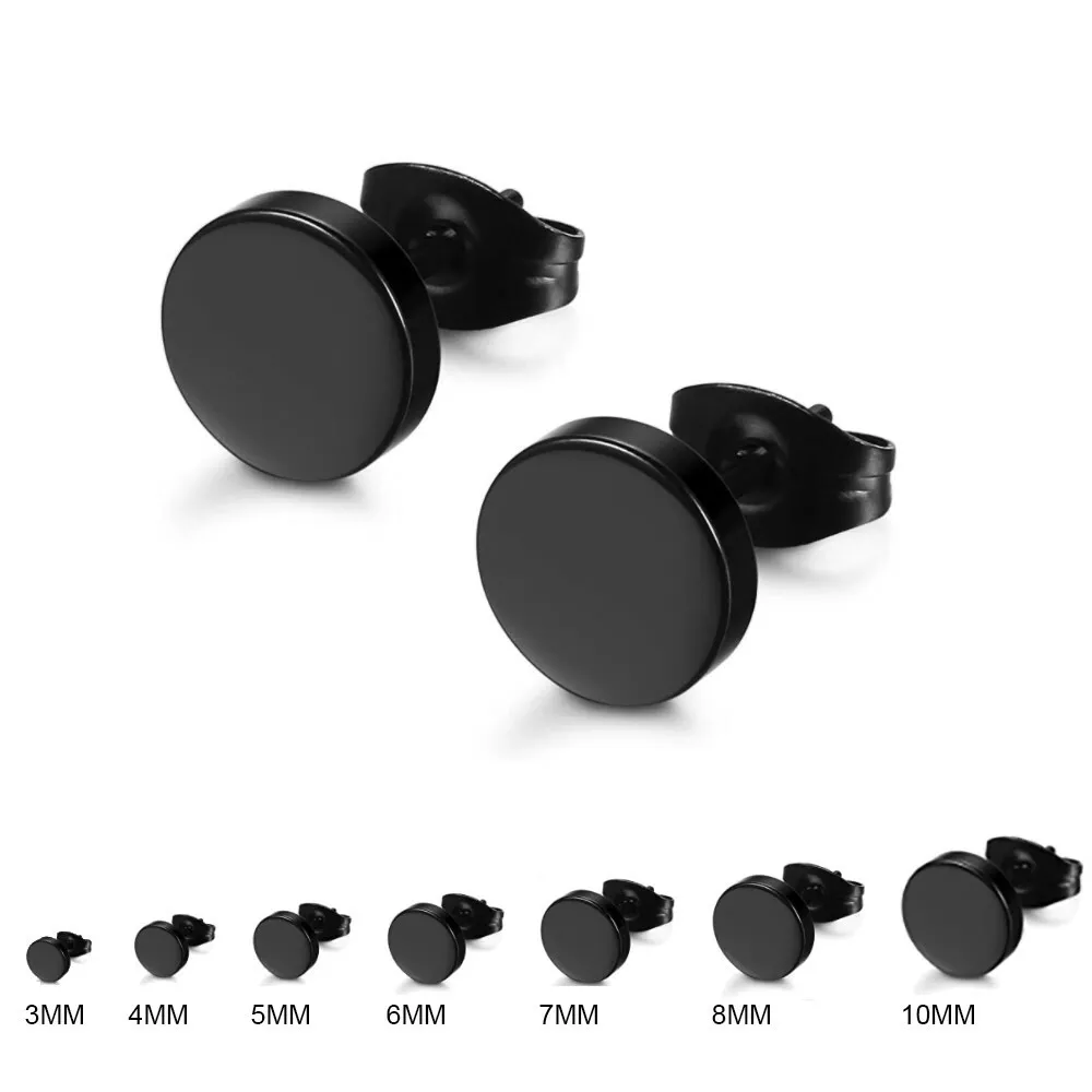 Pair Black Flat Round Barbell Stud Earrings Stainless Steel Men Women Gym  3-10MM