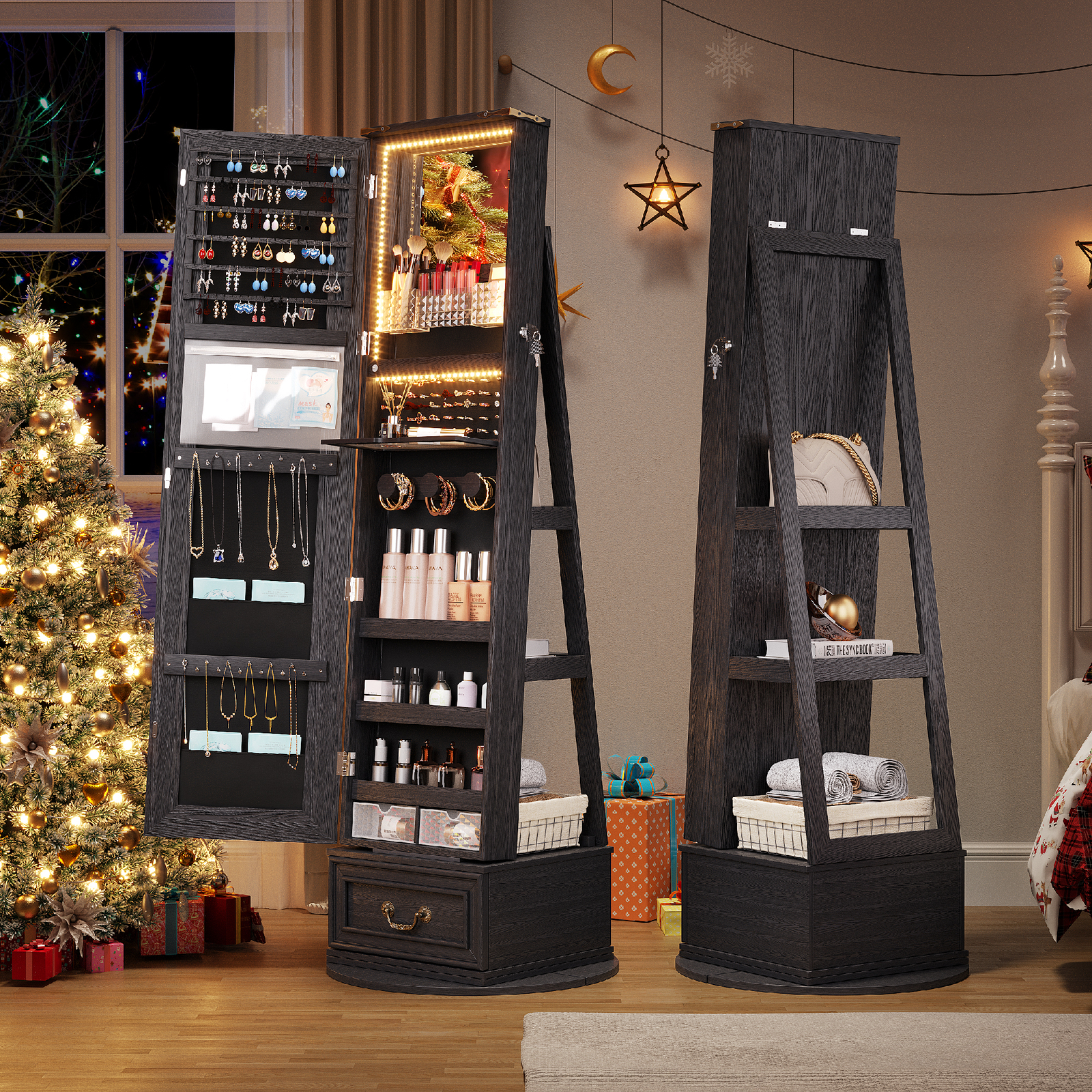 360° Swivel Jewelry Armoire with Full-Length Mirror LED Lights and Drawers