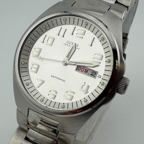 Guess Waterpro Quartz Watch G66079G Men 100m Silver Date Analog New Battery 6.5"