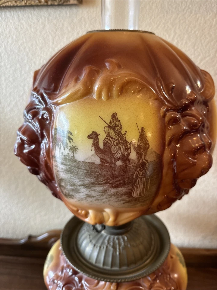Vintage Antique Fostoria Oil Lamp Consolidated Lions Head Arabian Safari GWTW - Image 4 of 4