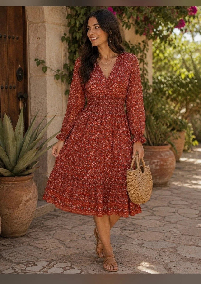 max studio dresses long sleeve Max Studio Women's 3/4 Puff Sleeve V-Neck Maxi Dress, Spiced Apple Rambling Dahlia, X-Small at Amazon Women's Clothing store