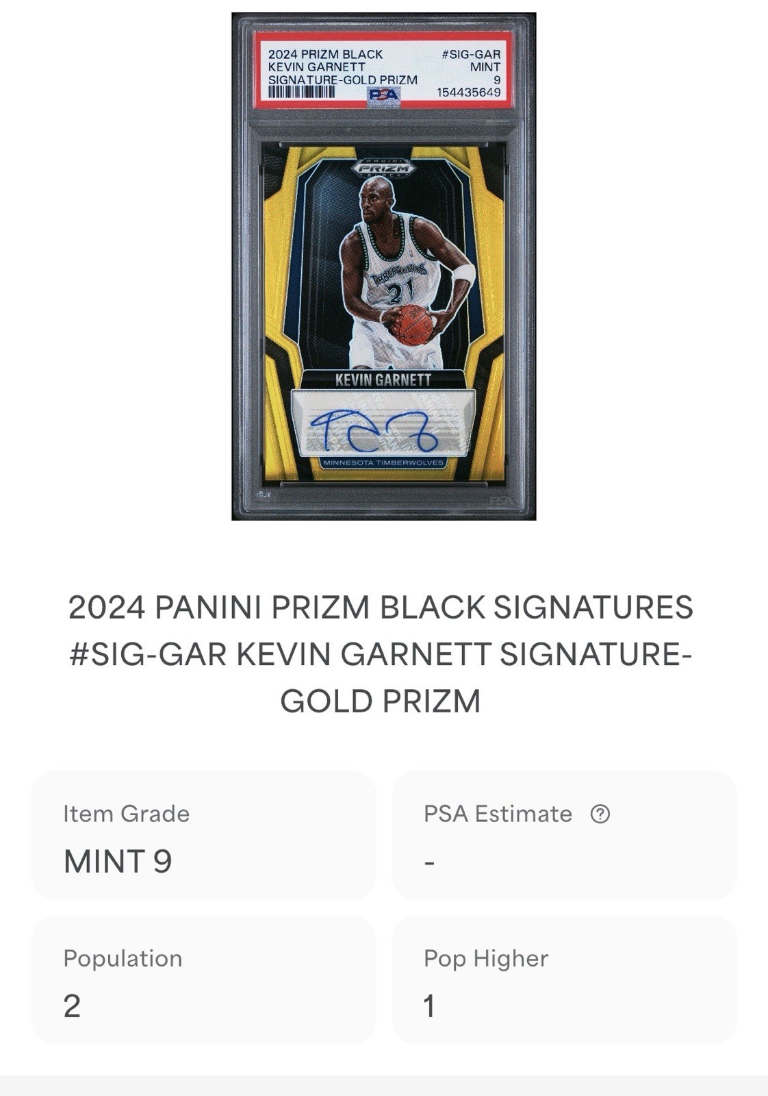 2024 Prizm Black Signatures - Gold Prizm Kevin Garnett Auto /10 - PSA 9 - POP 2 view 4