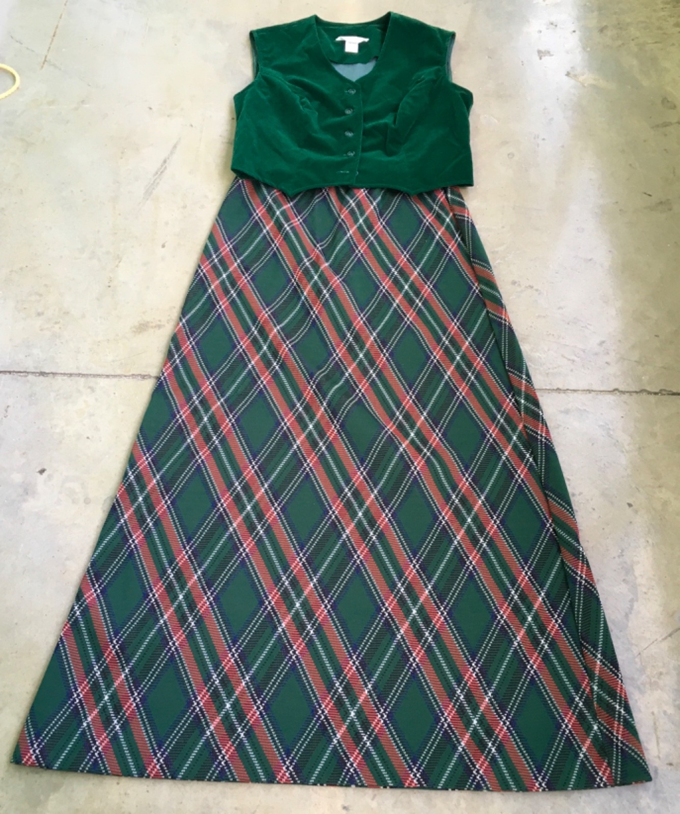 Sears Fashion USA Womens 16 Maxi Skirt Set 70s Tartan Plaid Matching Velvet Vest