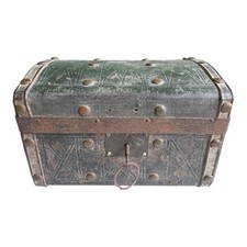 Antique American Green Leather Covered Lock Box Dome Top Chest