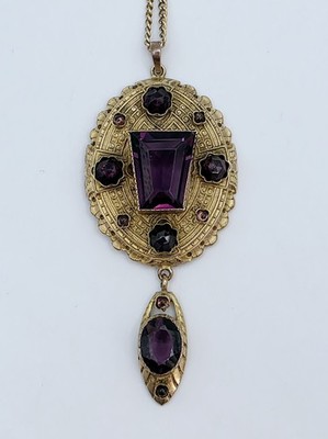 Antique Austro Hungarian Floral Filigree Lace Pendant Necklace Purple Glass 