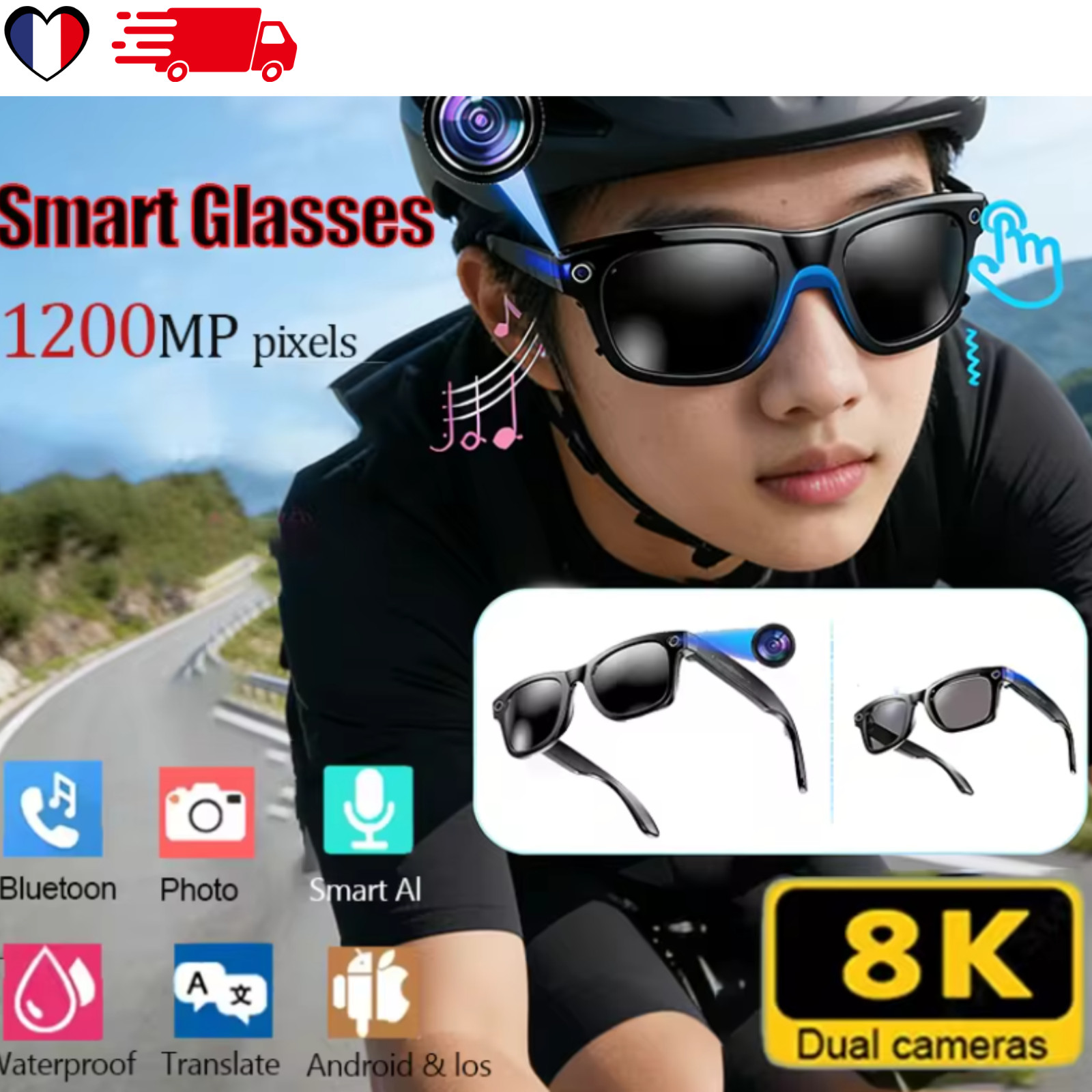 Lunettes intelligentes W610 IA caméra 12MP et audio Bluetooth pour appels mains libres
