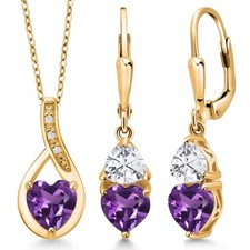 18K Yellow Gold Plated Silver Amethyst Pendant Earrings Set For Women (4.04