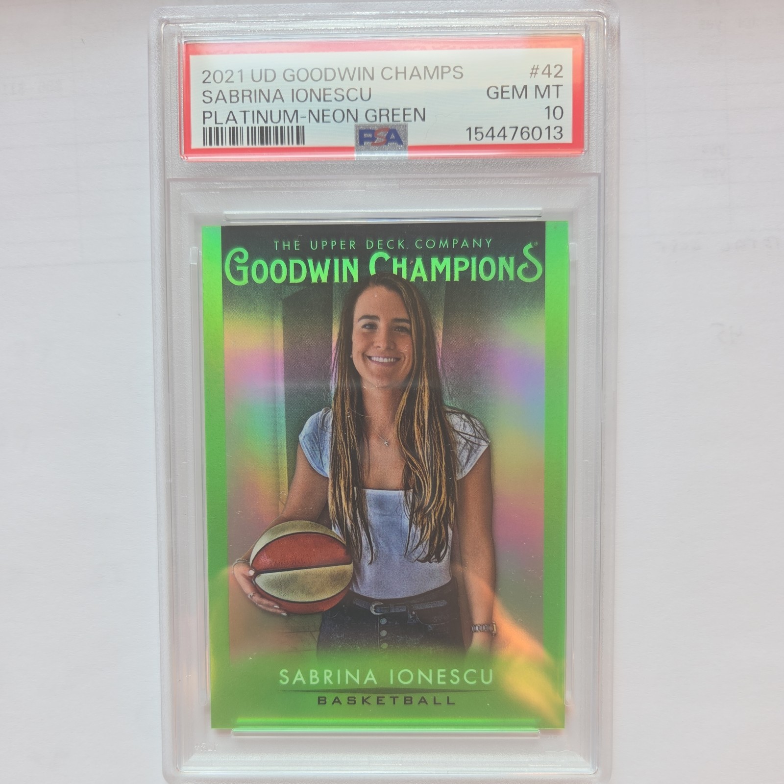 Sabrina Ionescu 2021 UD Goodwin Champions #42 Holo Platinum Neon Green PSA 10 view 1