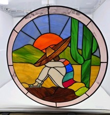 Vintage Stained Glass Sun Catcher Panel Resting Siesta Desert Cactus Sunset