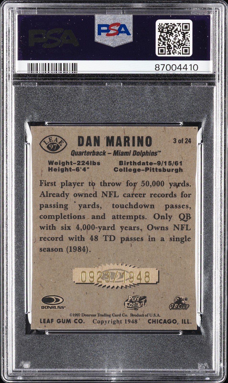 1997 LEAF REPRODUCTION #3 DAN MARINO 923/1948 PSA 9 view 2