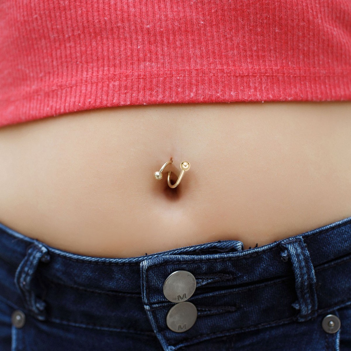 10K Yellow Gold Spiral Twist Belly Ring For Women With Cubic