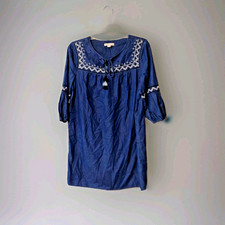 Westport 1962 Chambray Denim Dress SZ 16 Embroidery Tassels Bishop Sleeve Boho