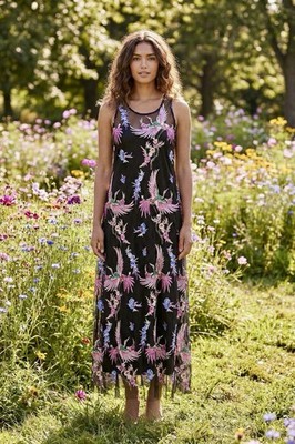 NEW Johnny Was 3X 3XL Plus Mesh Maxi Dress & Slip Long Black & Pink Floral Cool