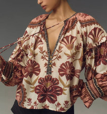 New $190 Farm Rio x Anthropologie RIAD Med Pink Brown Floral Tie-Front Boho Top