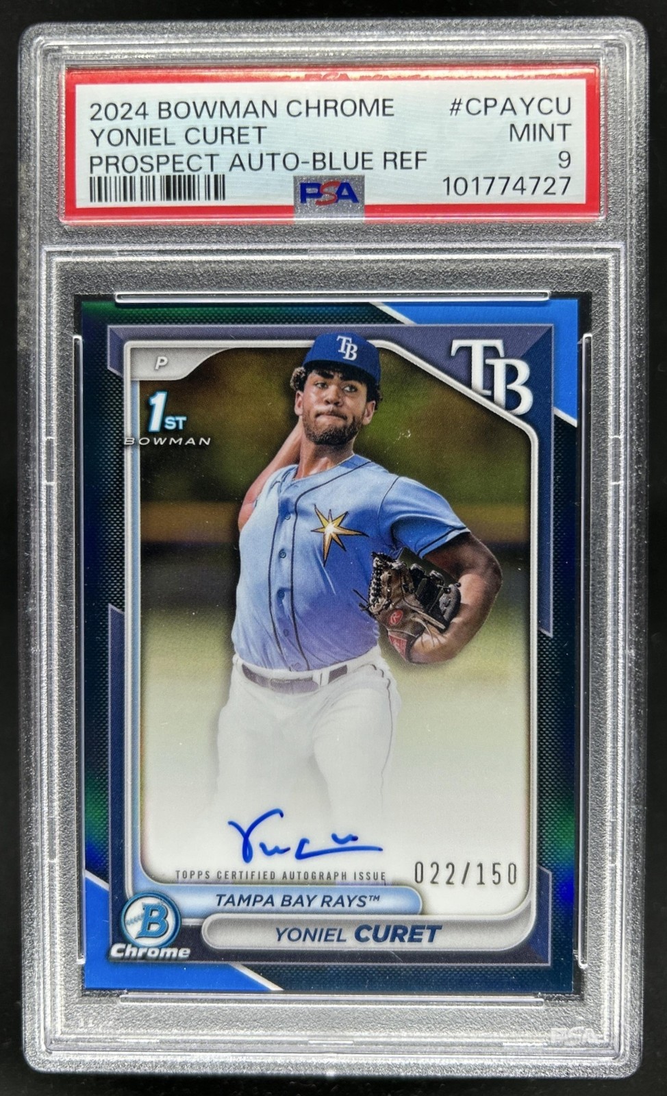 2024 Bowman Chrome Yoniel Curet Auto Blue Refractor 1st #/150 Rays PSA 9 view 1
