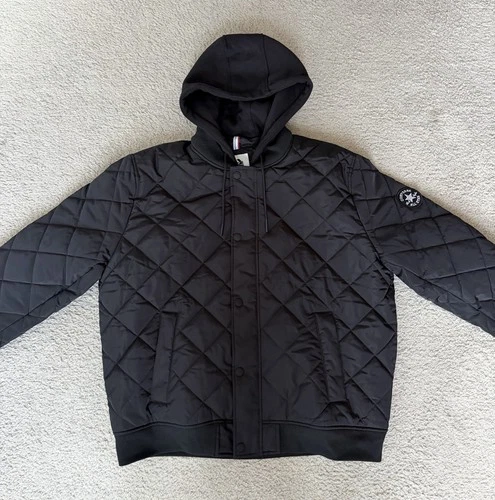 Converse Black Quilted Diamond Pattern Bomber Jacket with Layered Hoodie size L - product listing photo