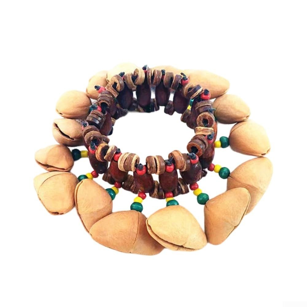 Bracelet grelot africain Dola Nut avec anneaux traditionnels en bois et rotin marron