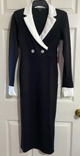 Haute Monde Black/White Collared Long Sleeve Formal Dress Small Poly/Spandex