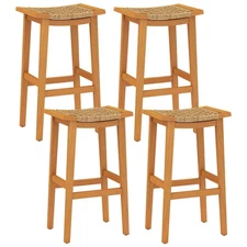 Outdoor Acacia Wood Bar Stools Set of 4 with PE Rattan Seats and Backrests