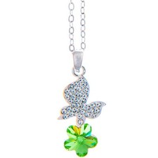 16" Rhodium Plated Necklace w/ Butterfly, Flower  Green Crystals, Perfect Gift